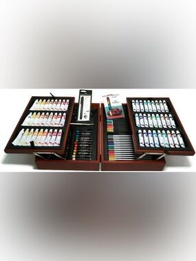Art StudioWooden Art Supply Set with Colored Pencils, Paint & Oil Pastels